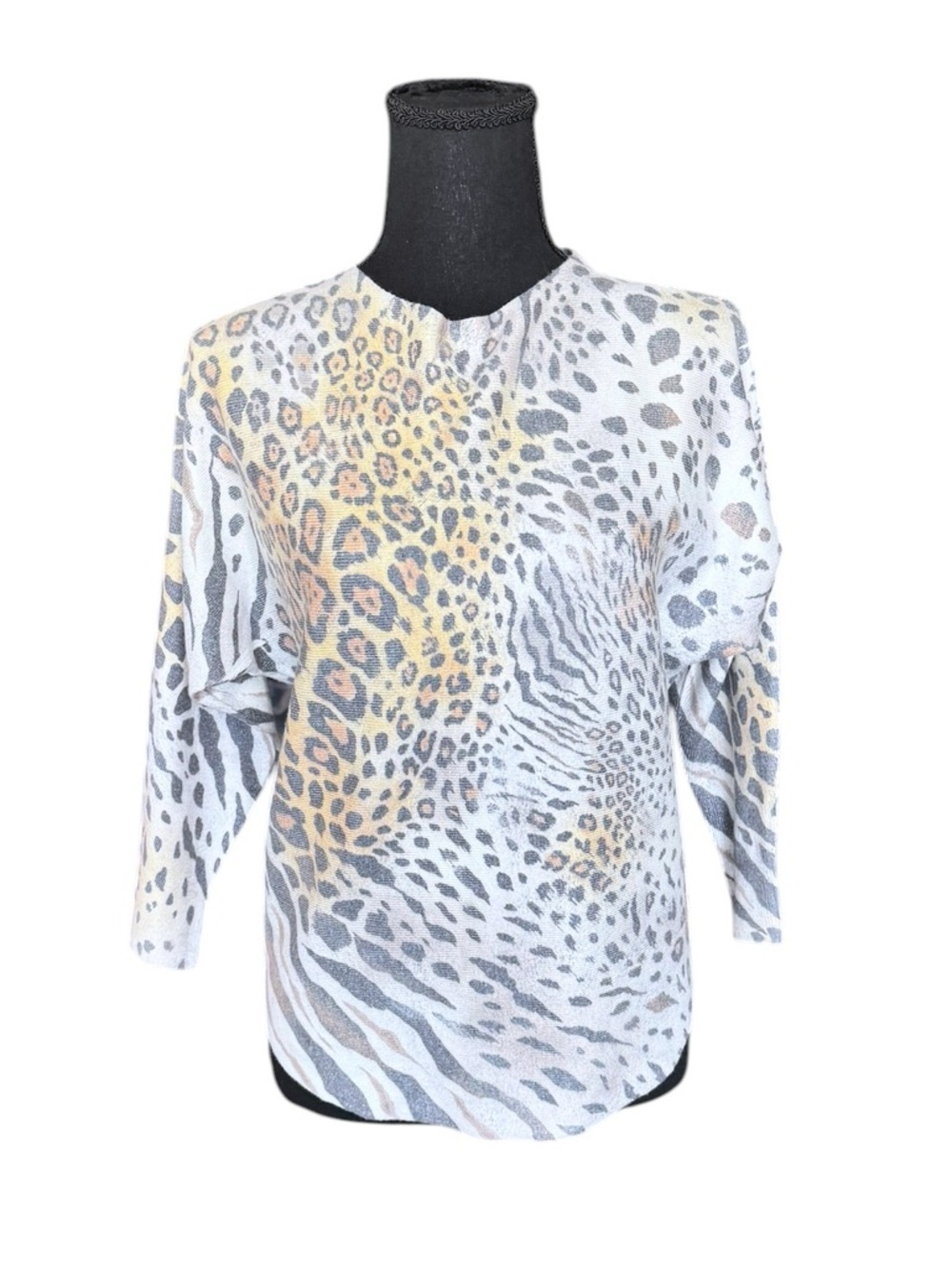 Sioni Animal Print Sweater Top Small Neutral Leopard Zebra Mixed Print Boho Chic